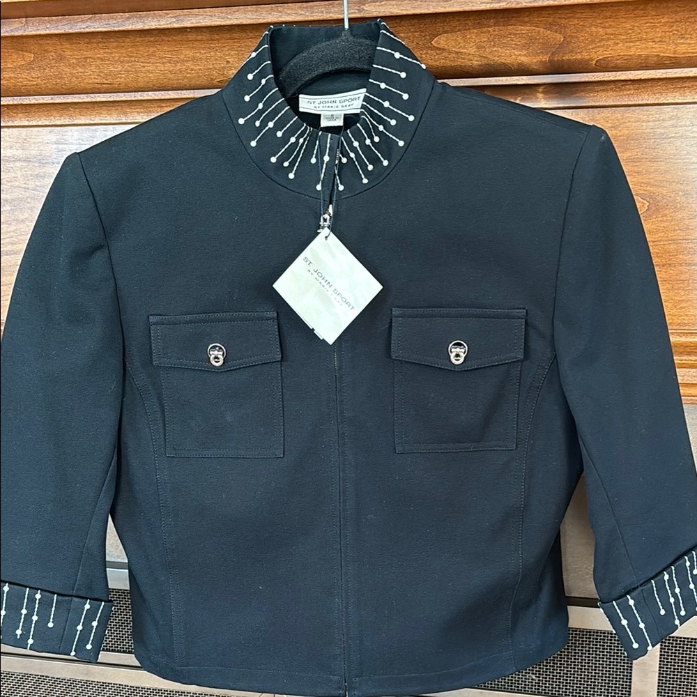 NWT St. John Sport by Marie Grey Black Jacket with Embellished Collar